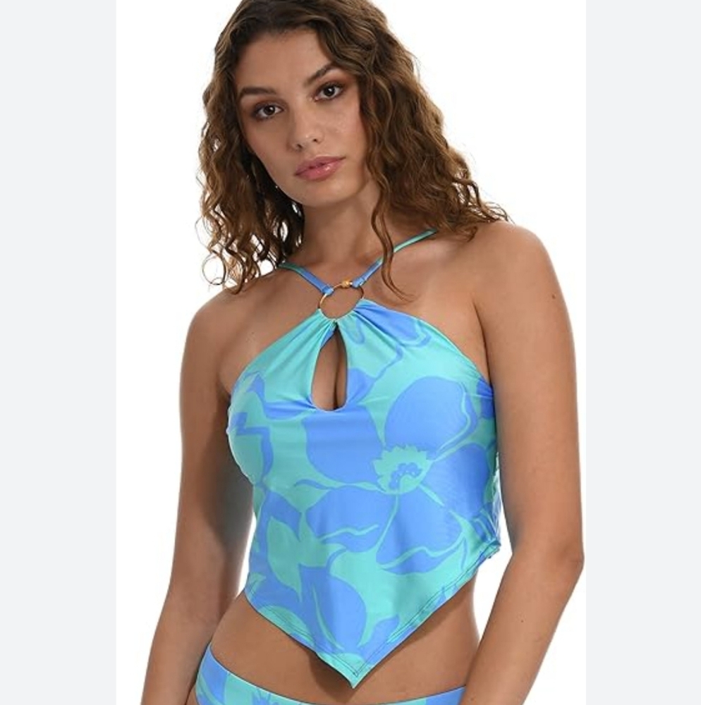NWT Sunshine 79 Floral Halter Midkini Swim Bikini Top Size 6 Blue Sky Resortwear